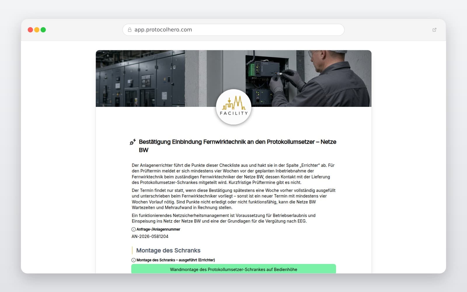 Vorschau der Vorlage „Bestätigung Einbindung Fernwirktechnik an den Protokollumsetzer – Netze BW"