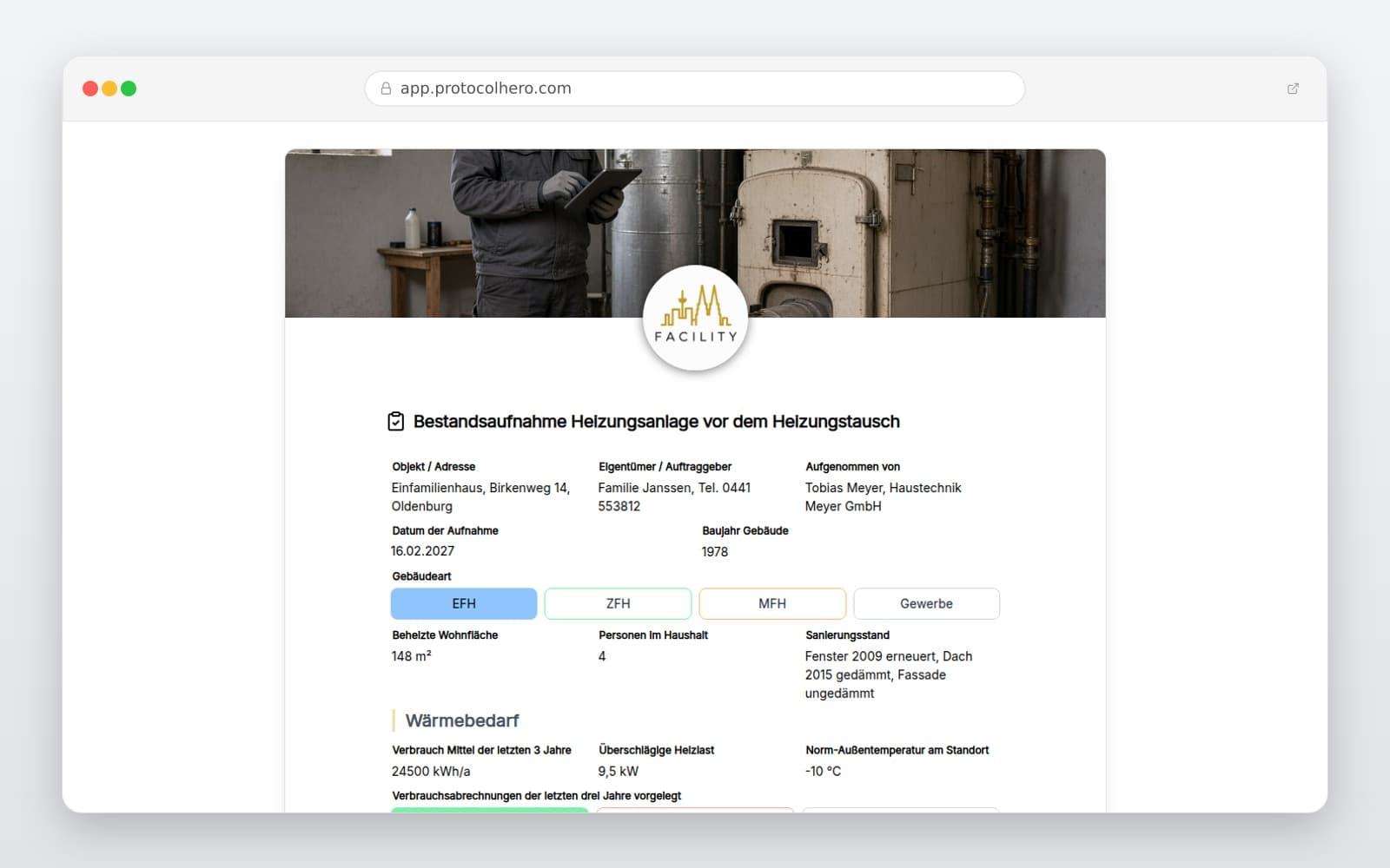 Vorschau der Vorlage „Bestandsaufnahme Heizungsanlage vor dem Heizungstausch"