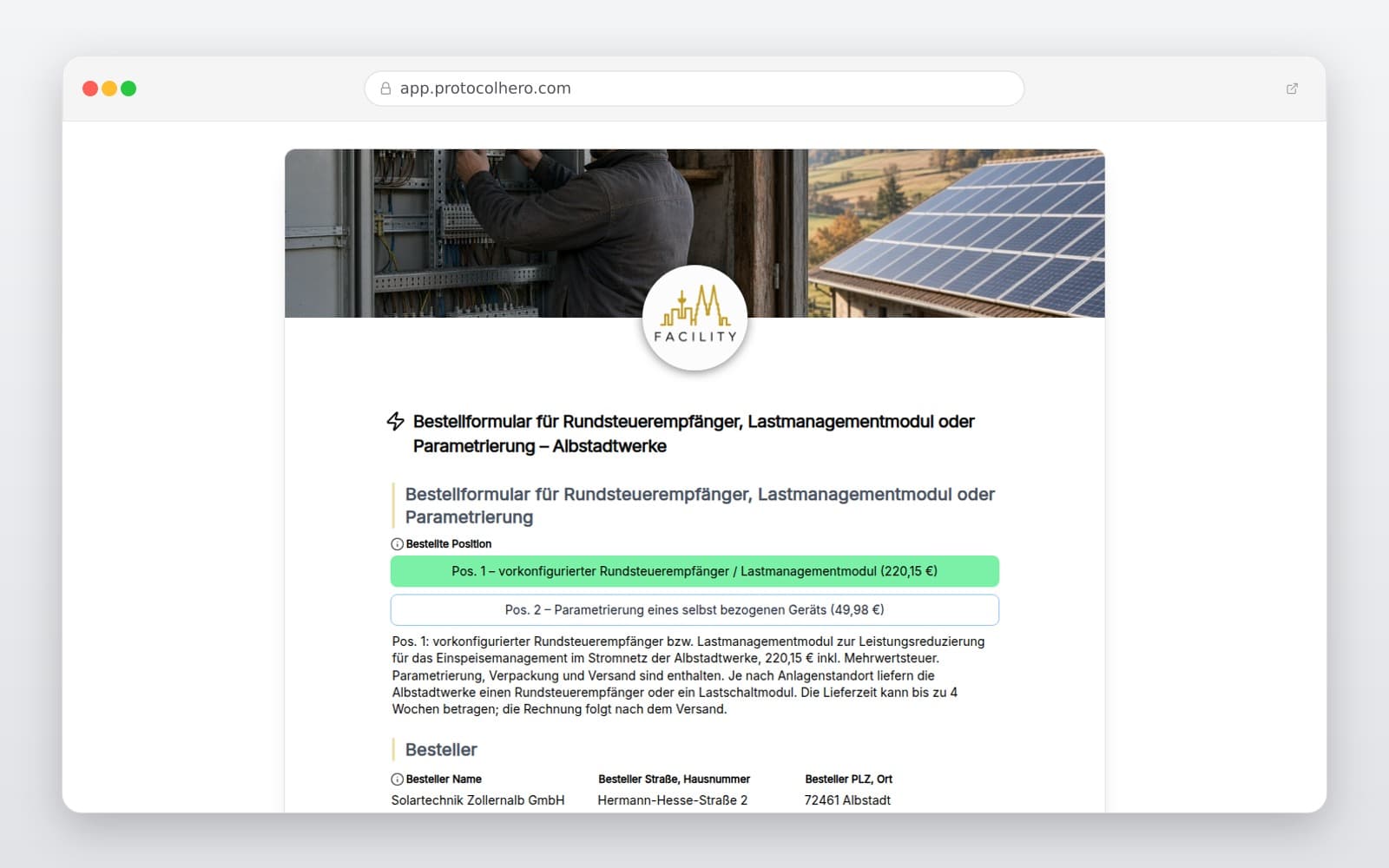 Vorschau der Vorlage „Bestellformular für Rundsteuerempfänger, Lastmanagementmodul oder Parametrierung – Albstadtwerke"