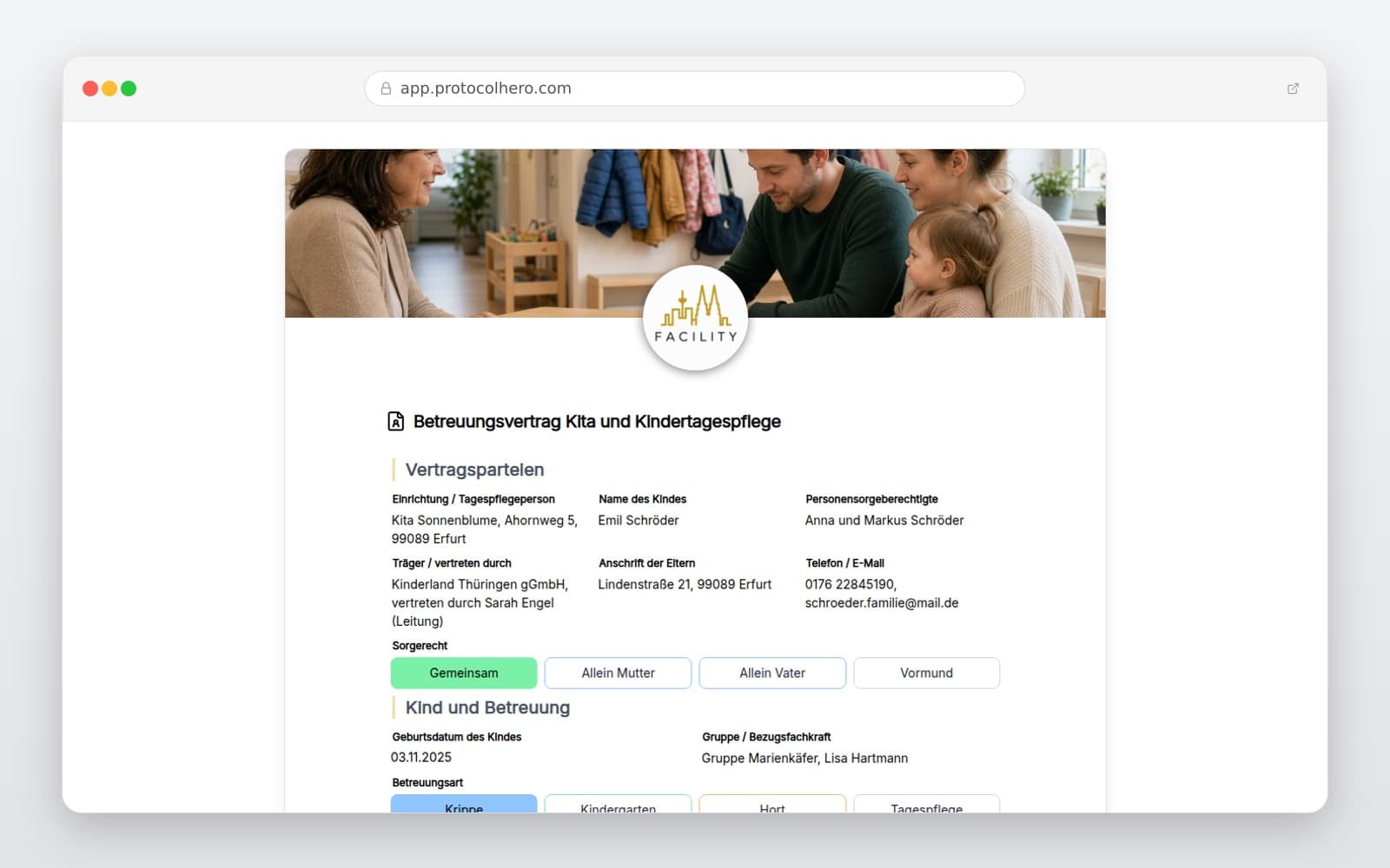 Vorschau der Vorlage „Betreuungsvertrag Kita und Kindertagespflege"