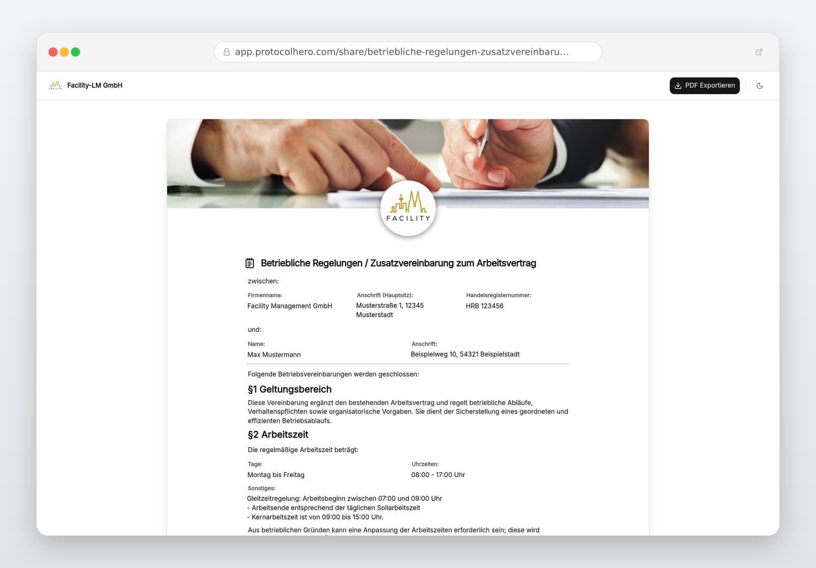 Vorschau der Vorlage „Betriebliche Regelungen / Zusatzvereinbarung zum Arbeitsvertrag – Vorlage (BGB §611a, NachwG)"