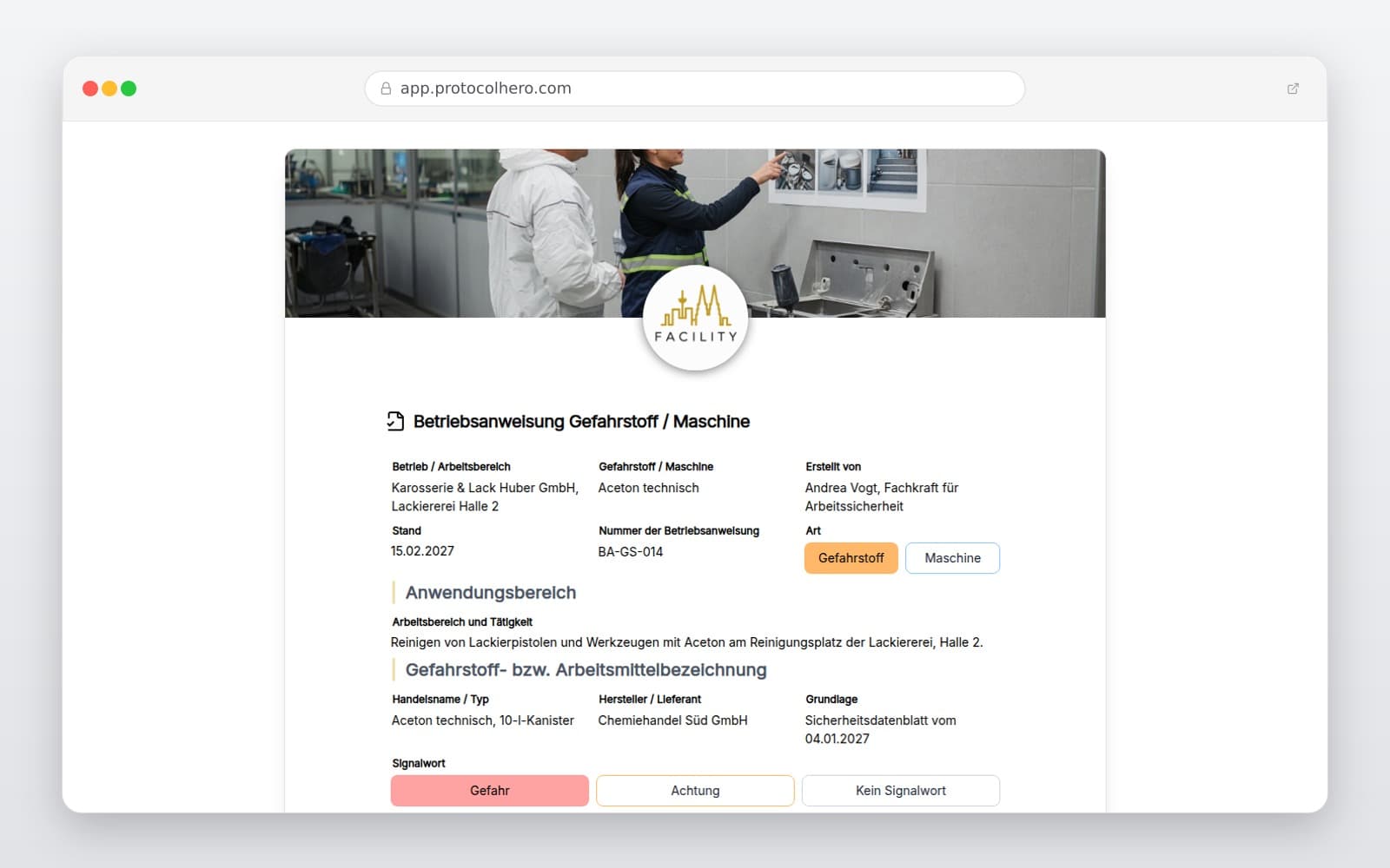 Vorschau der Vorlage „Betriebsanweisung Gefahrstoff / Maschine"