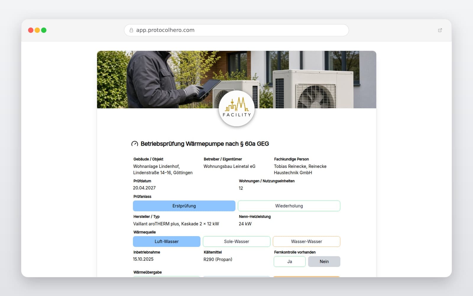 Vorschau der Vorlage „Betriebsprüfung Wärmepumpe nach § 60a GEG"