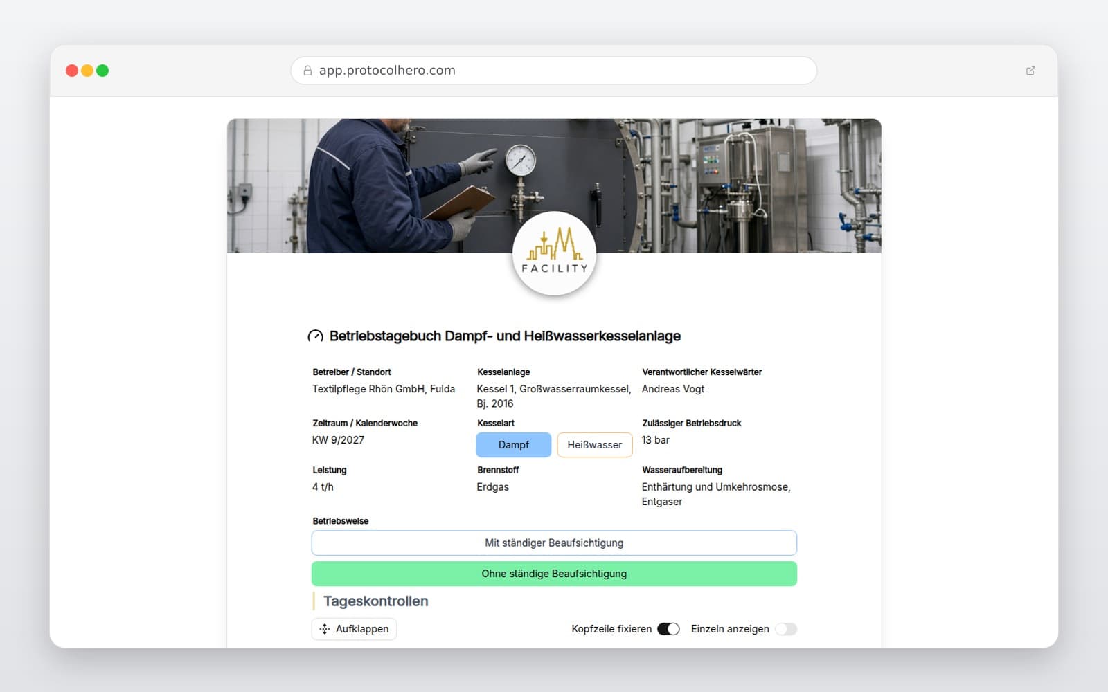 Vorschau der Vorlage „Betriebstagebuch Dampf- und Heißwasserkesselanlage"