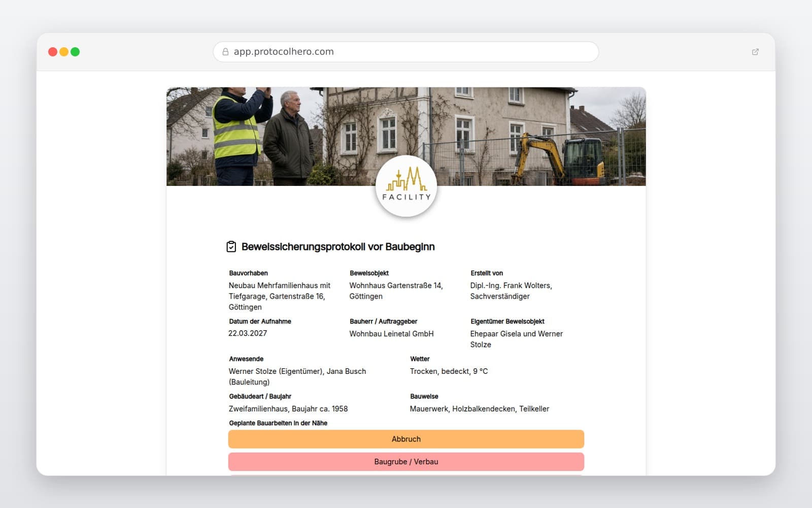 Vorschau der Vorlage „Beweissicherungsprotokoll vor Baubeginn"