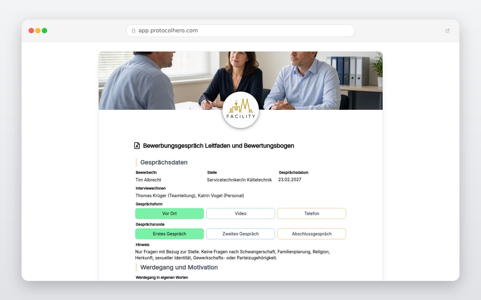 Vorschau der Vorlage „Bewerbungsgespräch Leitfaden und Bewertungsbogen"