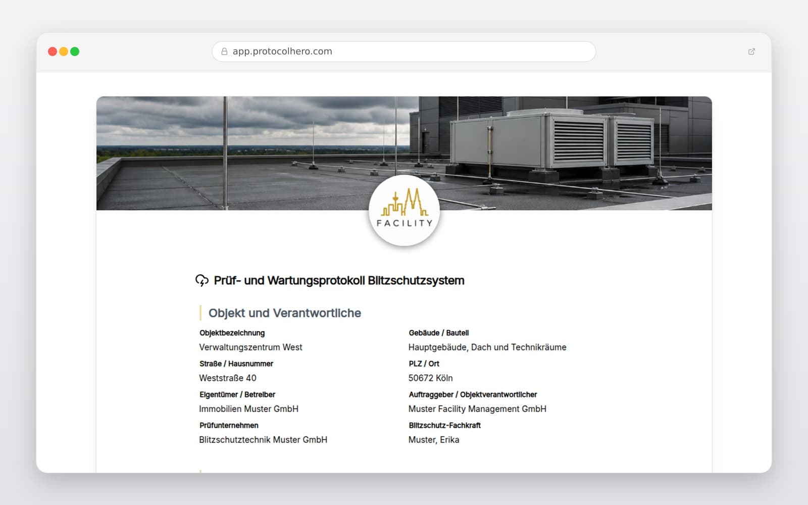Vorschau der Vorlage „Blitzschutz Prüfprotokoll Vorlage – Digitales Wartungsprotokoll"