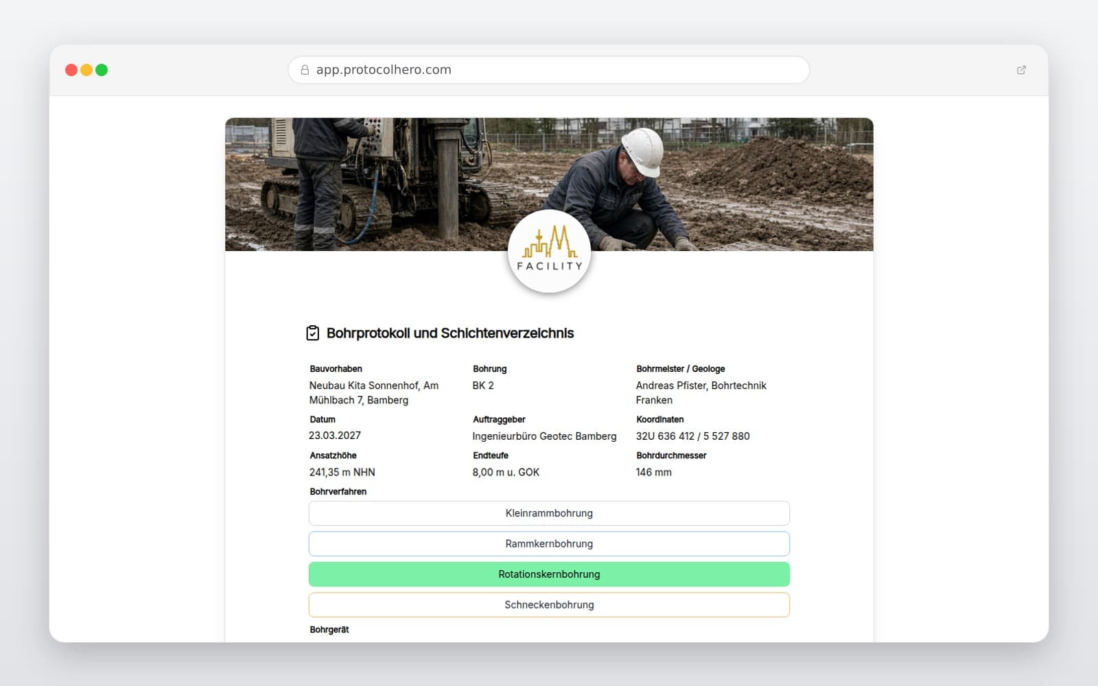 Vorschau der Vorlage „Bohrprotokoll und Schichtenverzeichnis"
