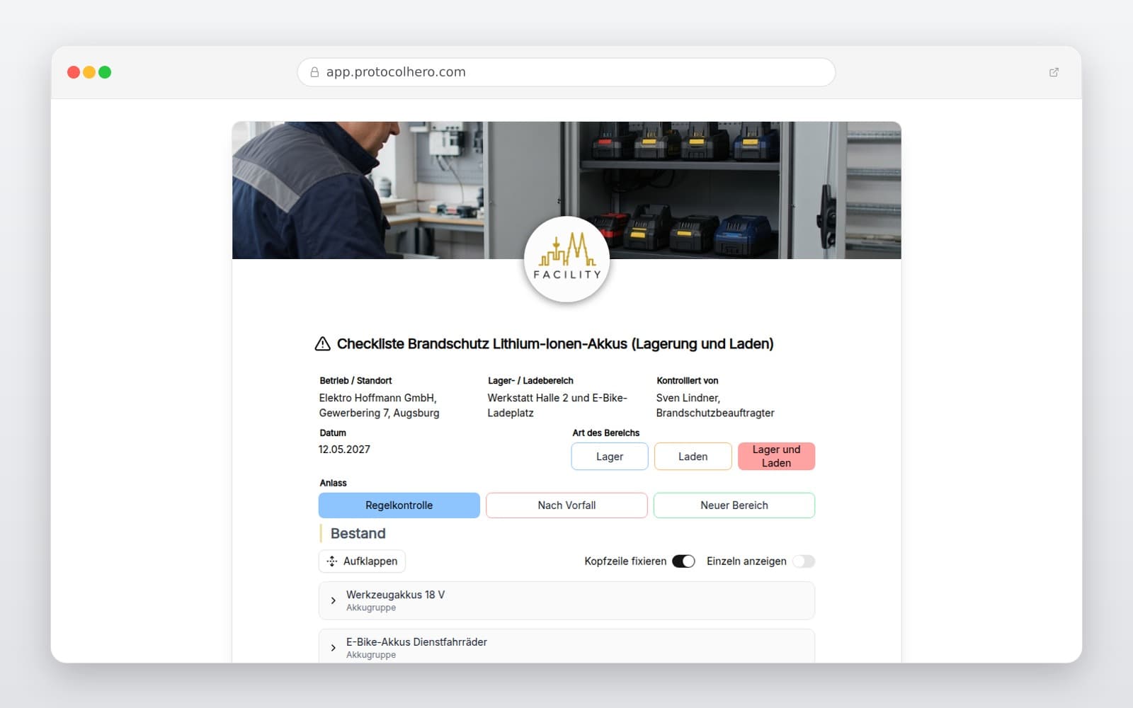 Vorschau der Vorlage „Checkliste Brandschutz Lithium-Ionen-Akkus (Lagerung und Laden)"