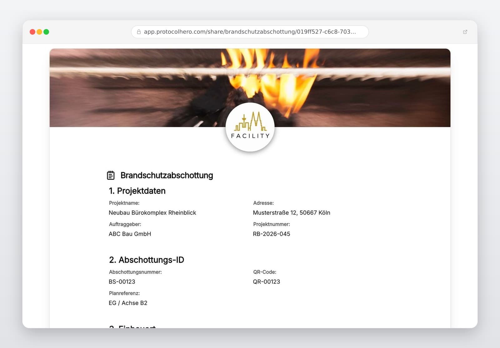 Vorschau der Vorlage „Brandschutzabschottung – Protokoll-Vorlage (DIN 4102, MLAR, DIN EN 1366)"