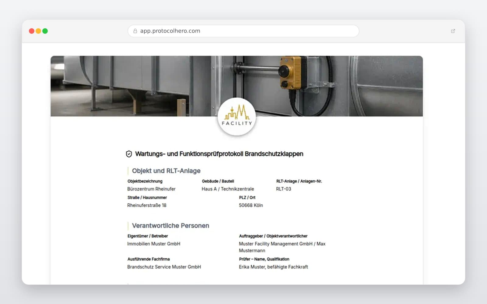 Vorschau der Vorlage „Brandschutzklappen Wartungsprotokoll Vorlage"