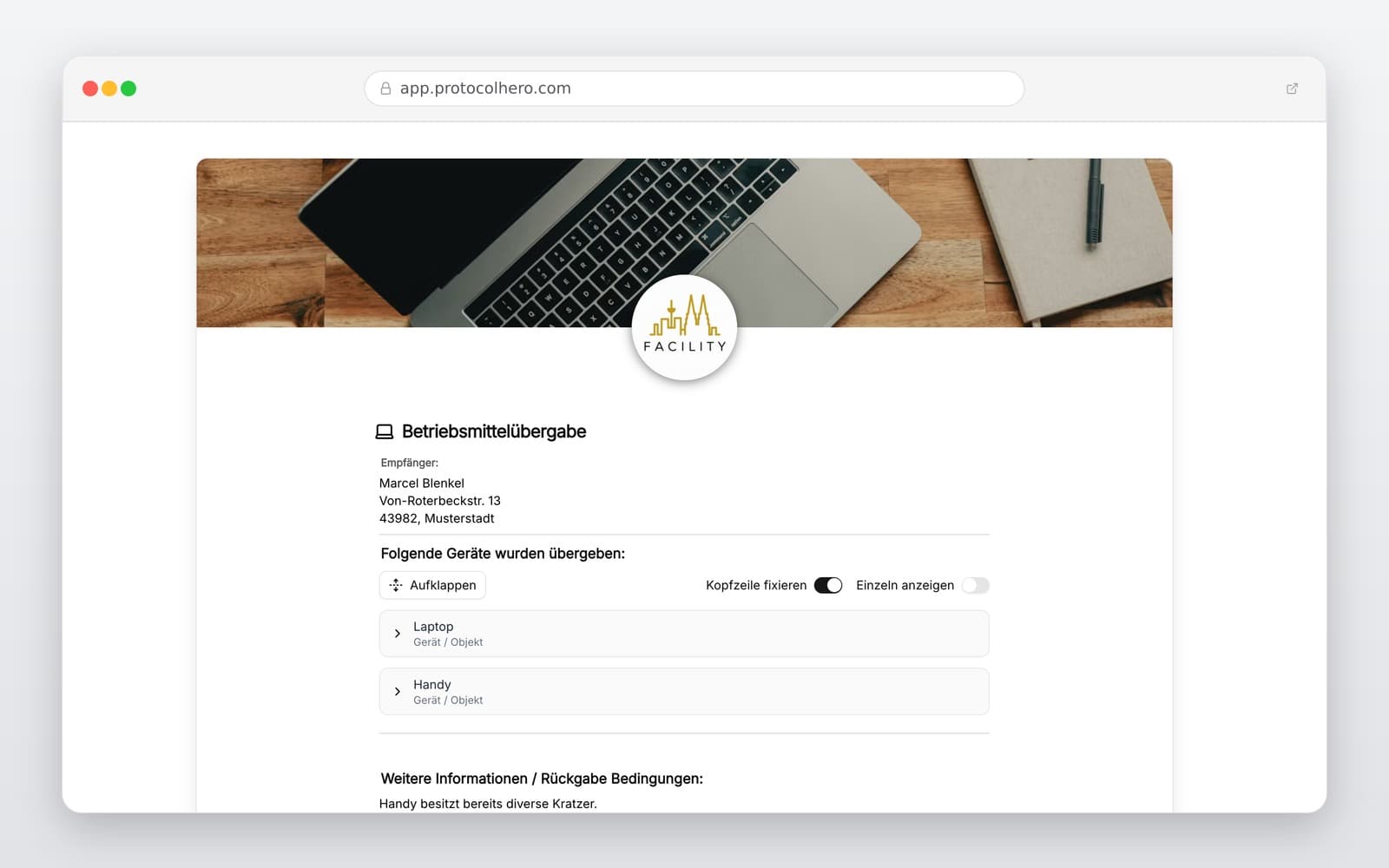 Vorschau der Vorlage „Betriebsmittelübergabeprotokoll Vorlage – Arbeitsmittel digital übergeben"