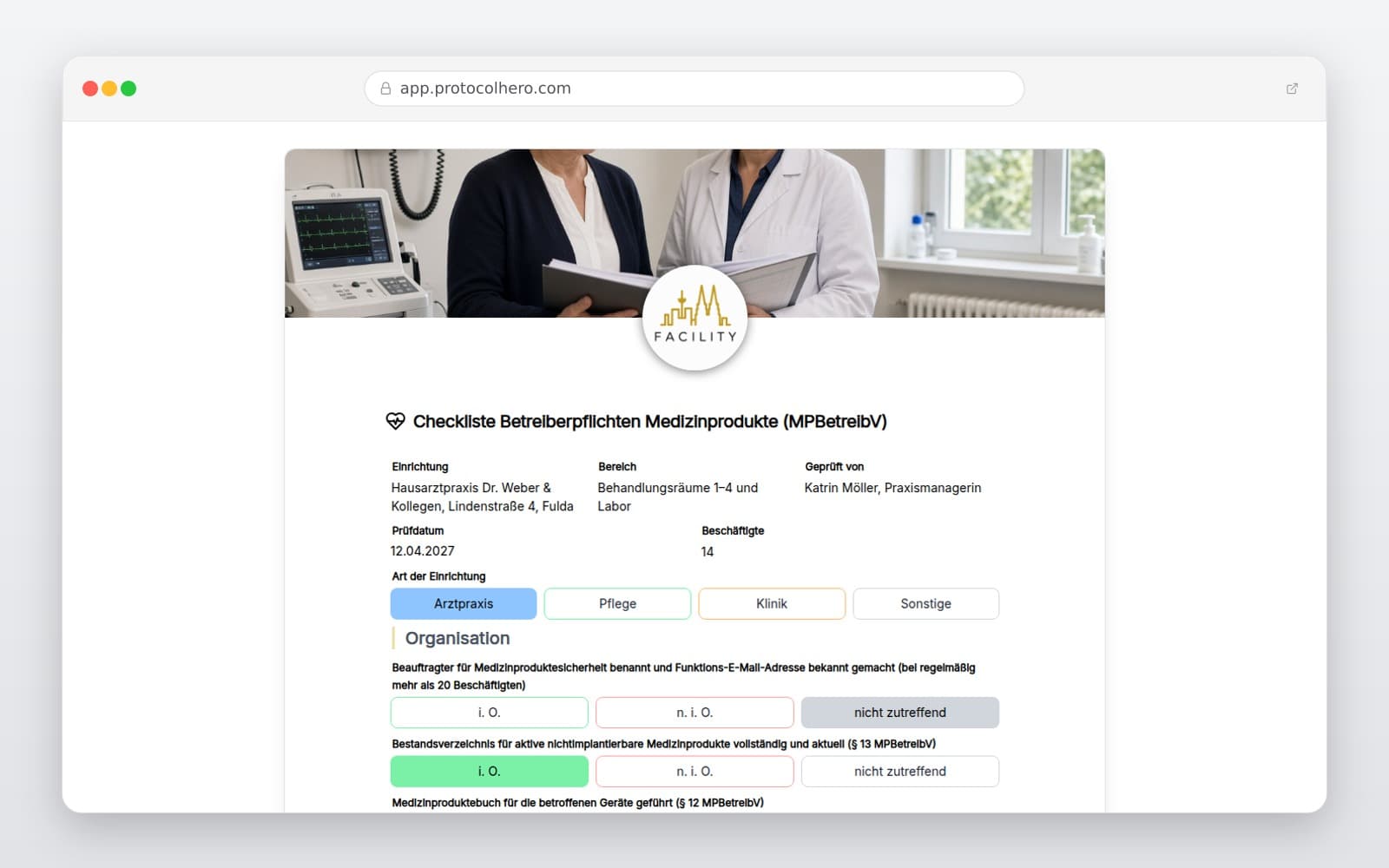 Vorschau der Vorlage „Checkliste Betreiberpflichten Medizinprodukte (MPBetreibV)"