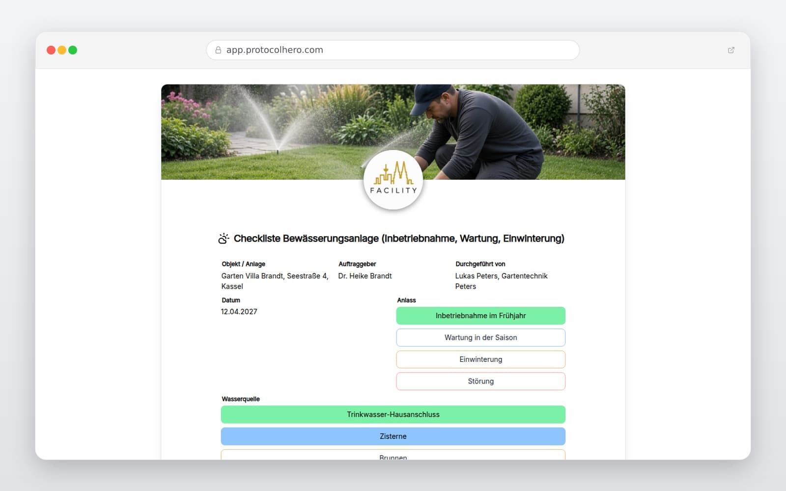 Vorschau der Vorlage „Checkliste Bewässerungsanlage (Inbetriebnahme, Wartung, Einwinterung)"