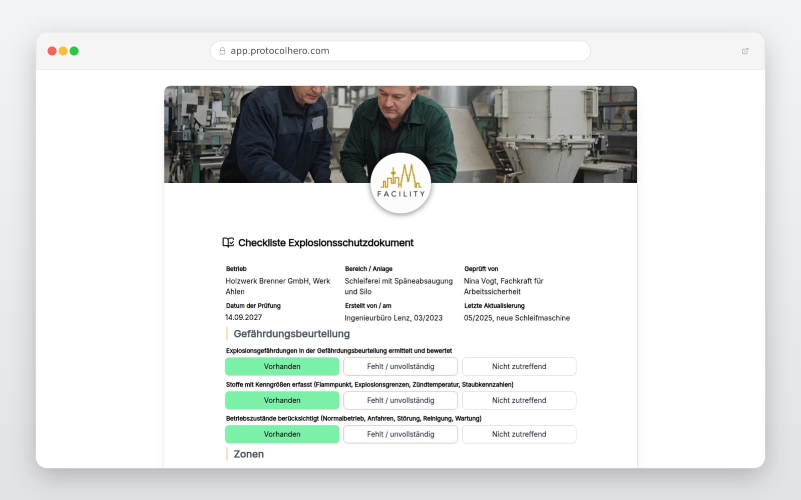 Vorschau der Vorlage „Checkliste Explosionsschutzdokument"