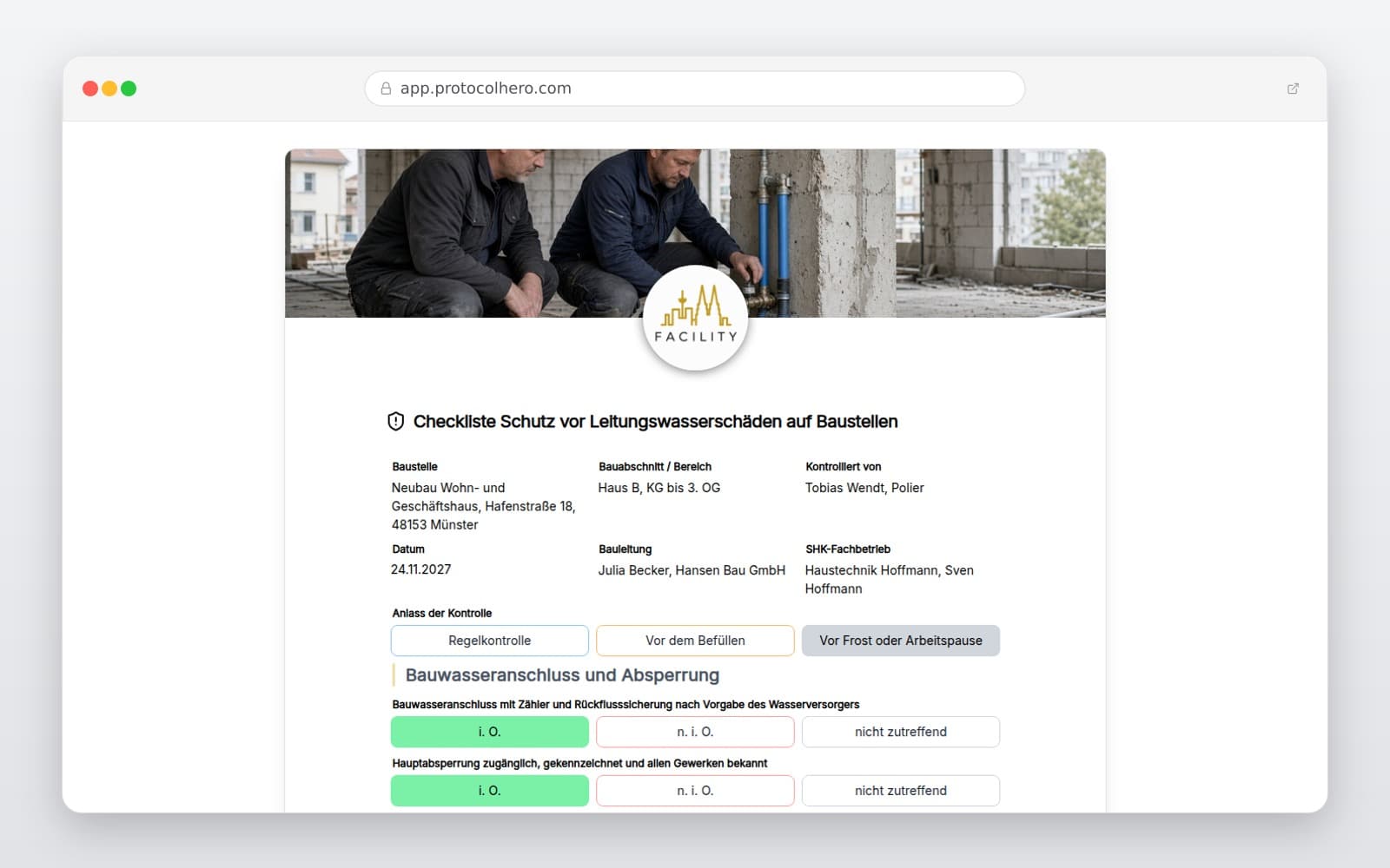 Vorschau der Vorlage „Checkliste Schutz vor Leitungswasserschäden auf Baustellen"