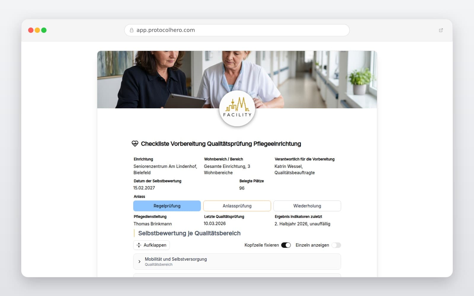 Vorschau der Vorlage „Checkliste Vorbereitung Qualitätsprüfung Pflegeeinrichtung"