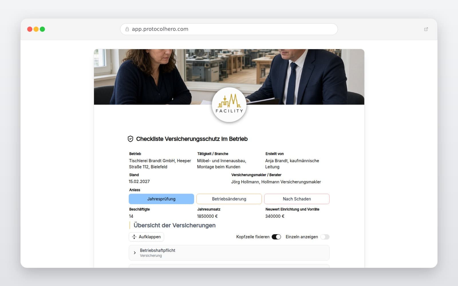 Vorschau der Vorlage „Checkliste Versicherungsschutz im Betrieb"