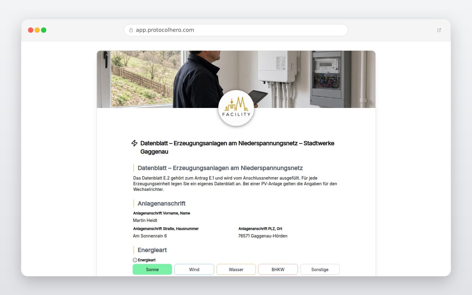 Vorschau der Vorlage „Datenblatt – Erzeugungsanlagen am Niederspannungsnetz – Stadtwerke Gaggenau"
