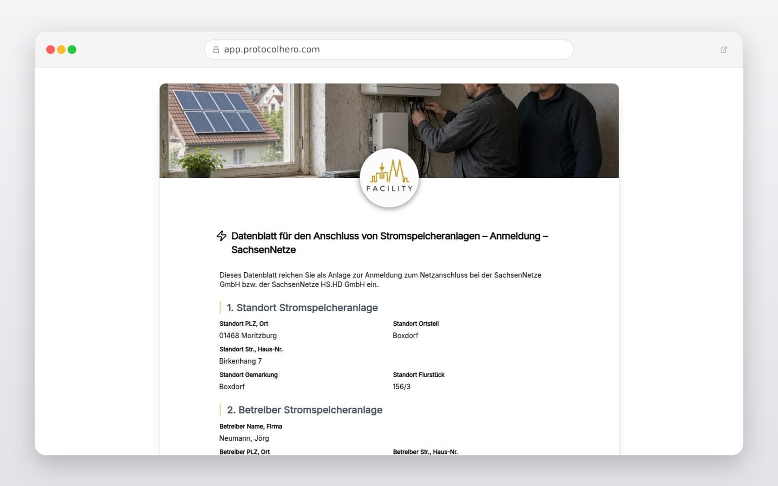 Vorschau der Vorlage „Datenblatt für den Anschluss von Stromspeicheranlagen – Anmeldung – SachsenNetze"