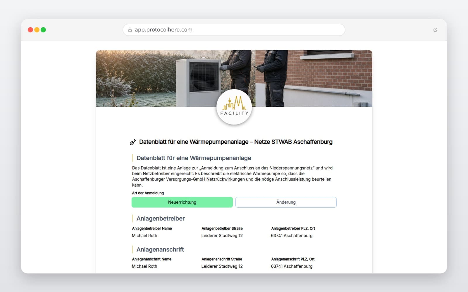 Vorschau der Vorlage „Datenblatt für eine Wärmepumpenanlage – Netze STWAB Aschaffenburg"