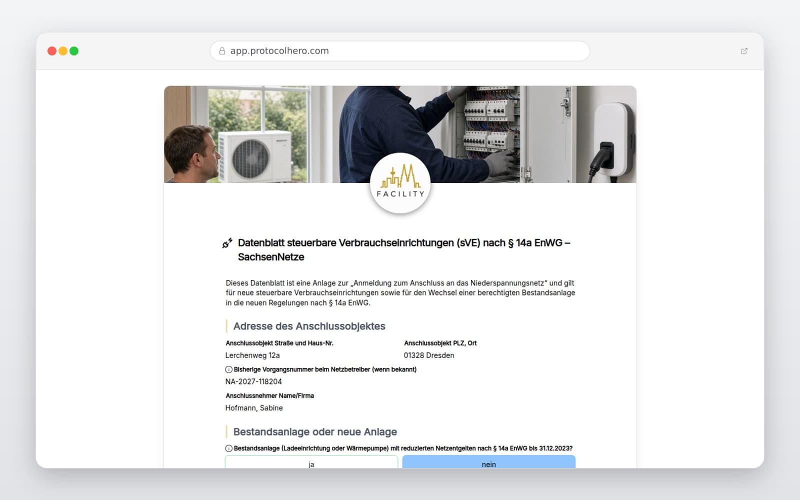 Vorschau der Vorlage „Datenblatt steuerbare Verbrauchseinrichtungen (sVE) nach § 14a EnWG – SachsenNetze"