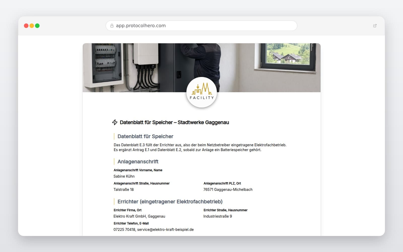 Vorschau der Vorlage „Datenblatt für Speicher – Stadtwerke Gaggenau"