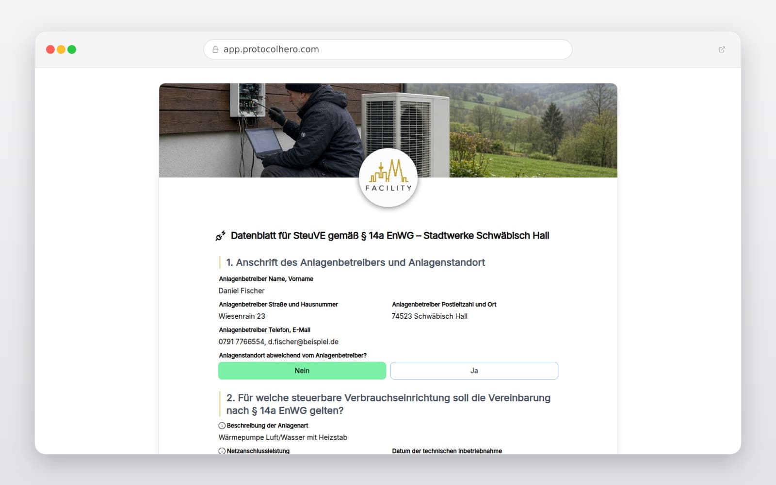 Vorschau der Vorlage „Datenblatt für SteuVE gemäß § 14a EnWG – Stadtwerke Schwäbisch Hall"