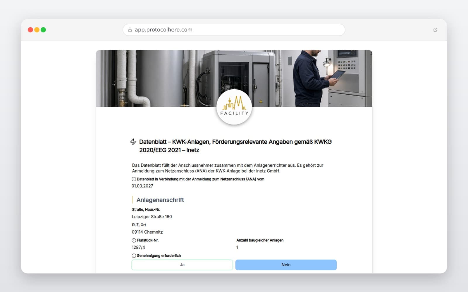 Vorschau der Vorlage „Datenblatt – KWK-Anlagen, Förderungsrelevante Angaben gemäß KWKG 2020/EEG 2021 – inetz"
