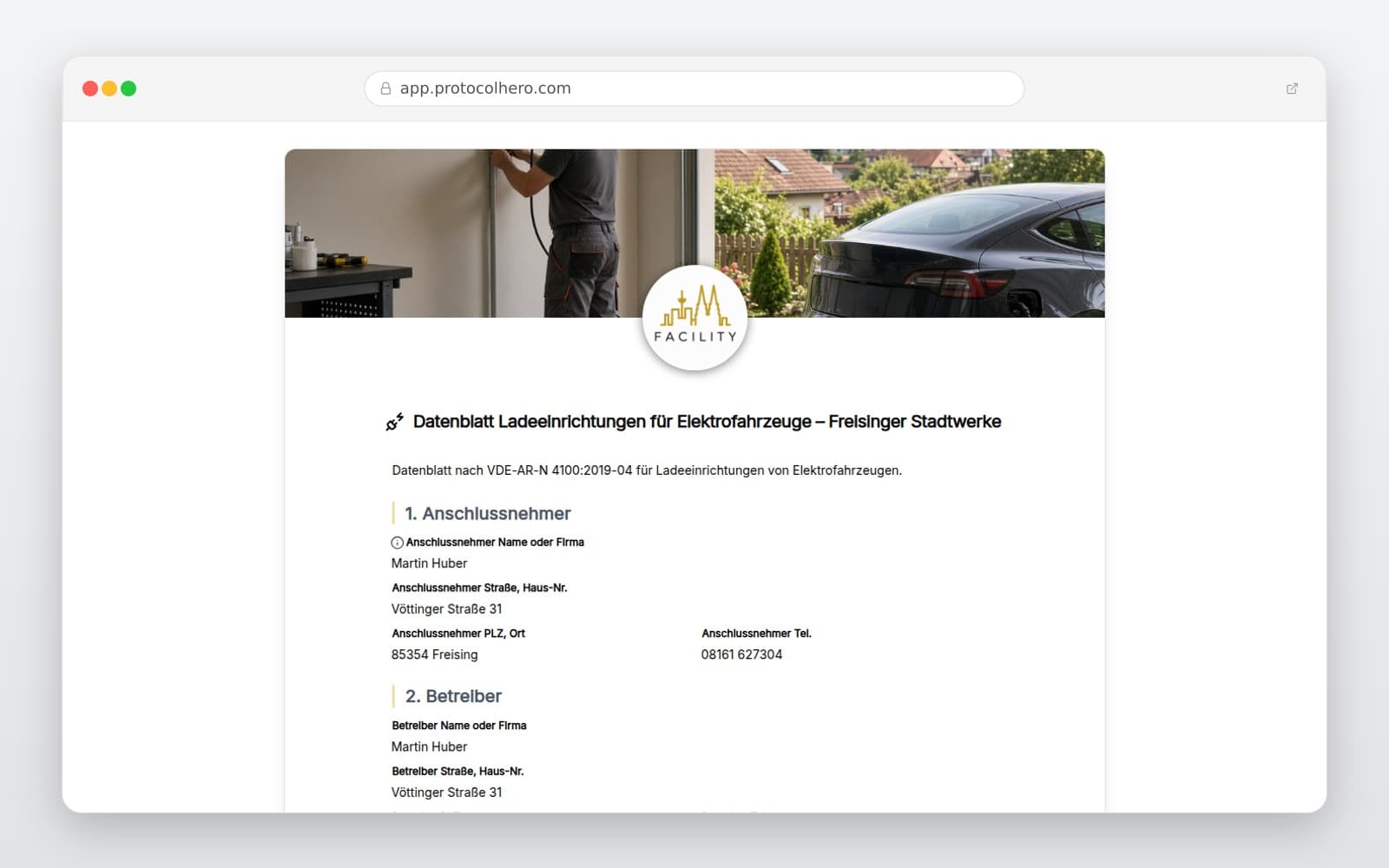 Vorschau der Vorlage „Datenblatt Ladeeinrichtungen für Elektrofahrzeuge – Freisinger Stadtwerke"