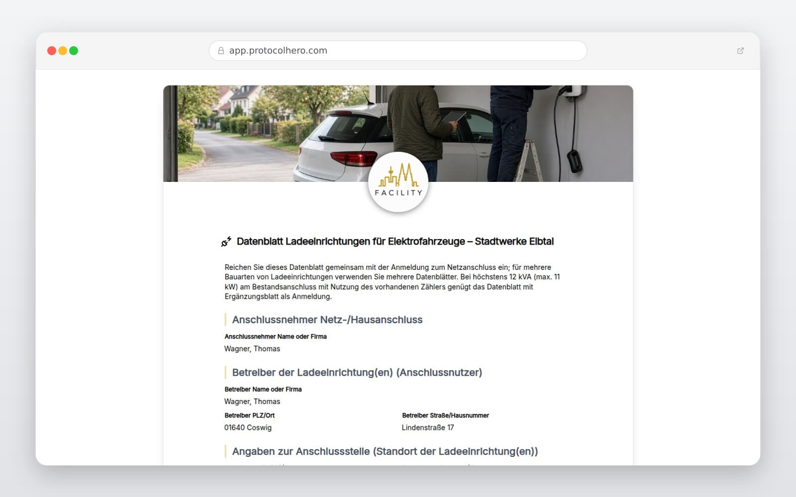Vorschau der Vorlage „Datenblatt Ladeeinrichtungen für Elektrofahrzeuge – Stadtwerke Elbtal"