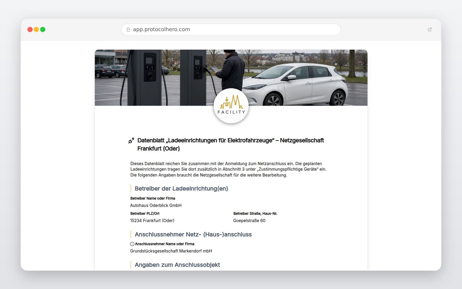 Vorschau der Vorlage „Datenblatt „Ladeeinrichtungen für Elektrofahrzeuge“ – Netzgesellschaft Frankfurt (Oder)"