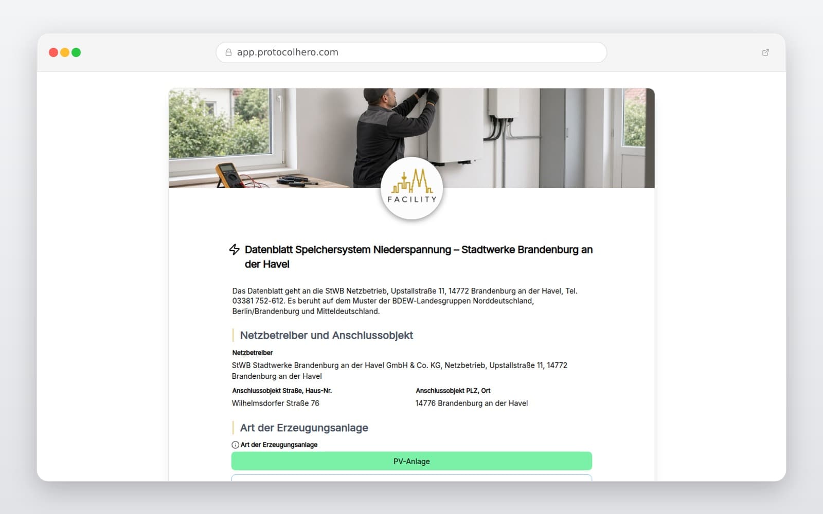 Vorschau der Vorlage „Datenblatt Speichersystem Niederspannung – Stadtwerke Brandenburg an der Havel"