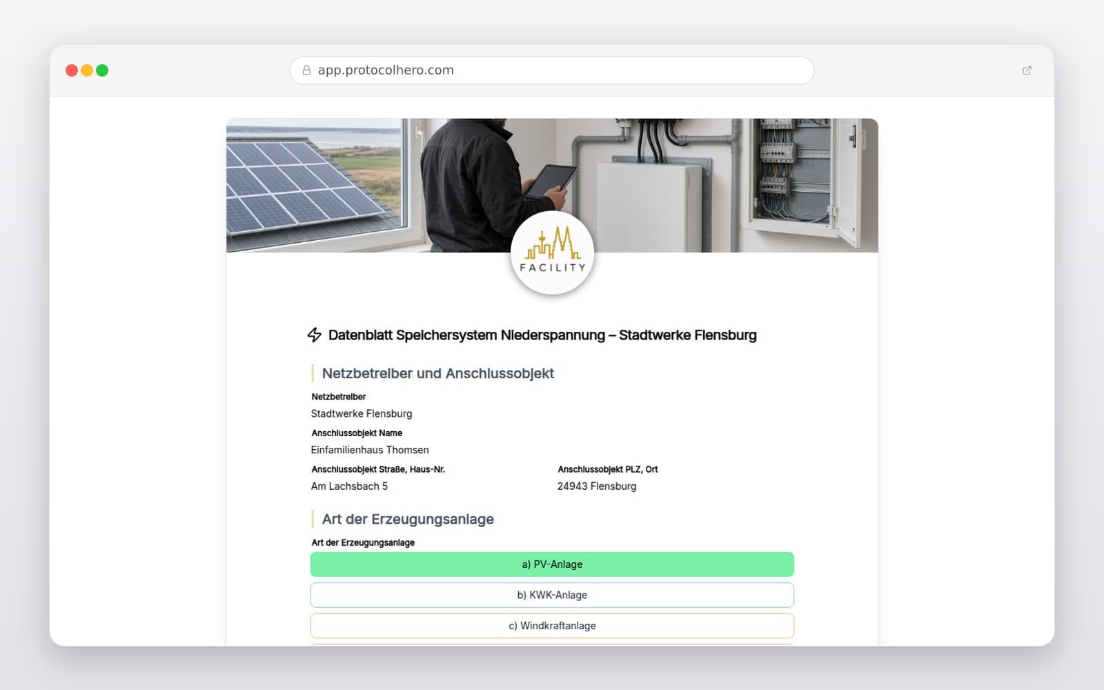 Vorschau der Vorlage „Datenblatt Speichersystem Niederspannung – Stadtwerke Flensburg"