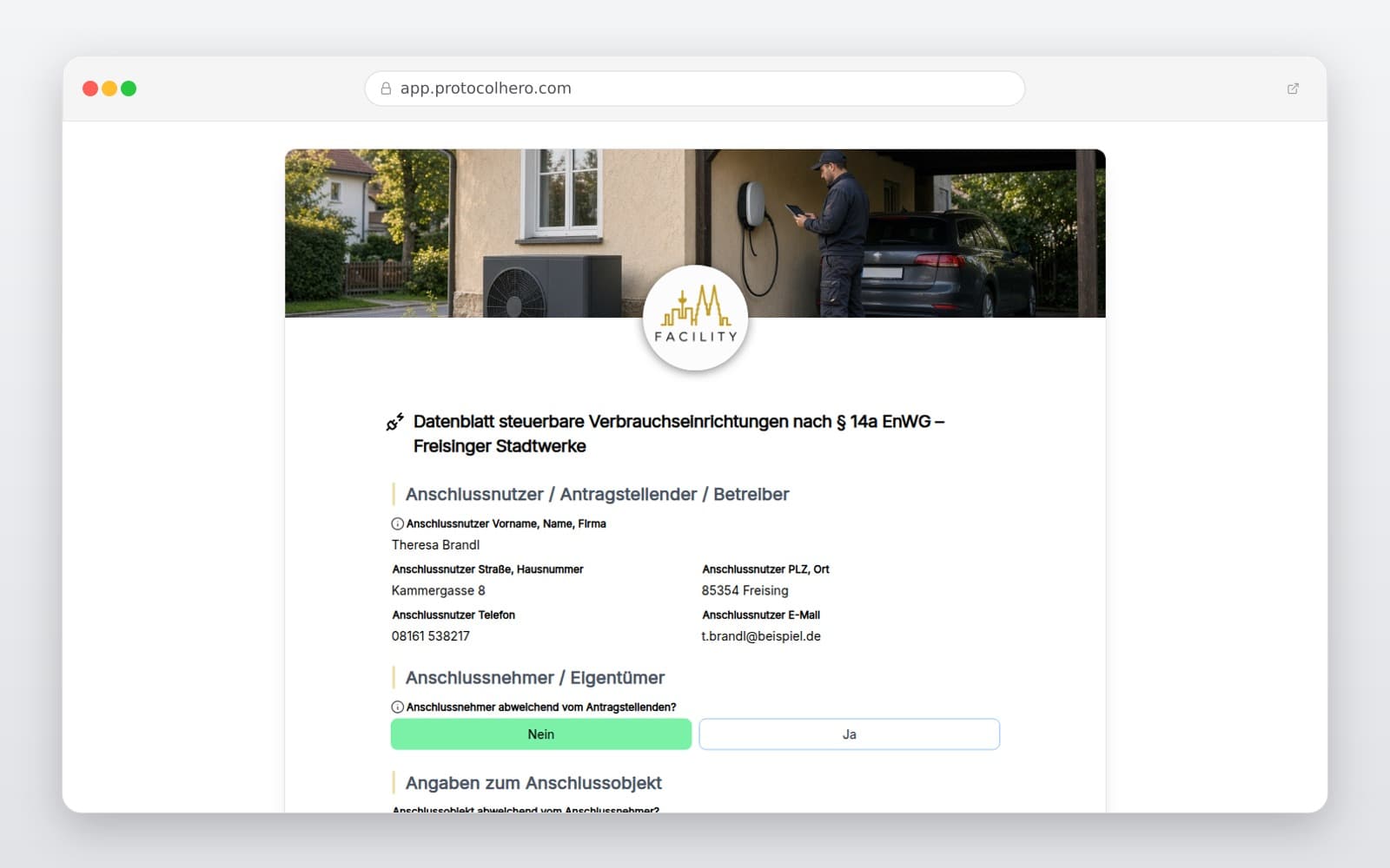Vorschau der Vorlage „Datenblatt steuerbare Verbrauchseinrichtungen nach § 14a EnWG – Freisinger Stadtwerke"