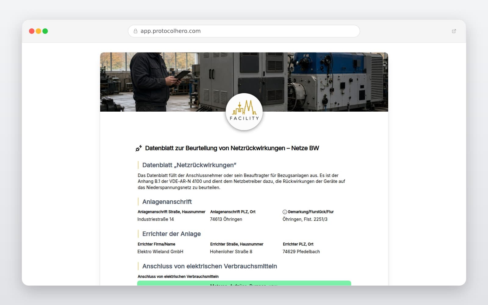 Vorschau der Vorlage „Datenblatt zur Beurteilung von Netzrückwirkungen – Netze BW"