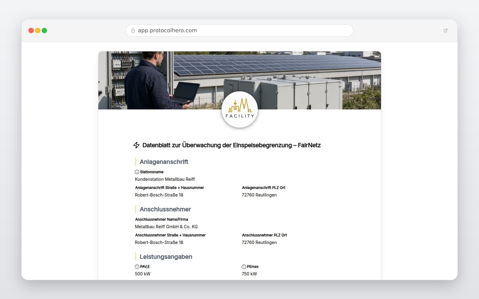 Vorschau der Vorlage „Datenblatt zur Überwachung der Einspeisebegrenzung – FairNetz"
