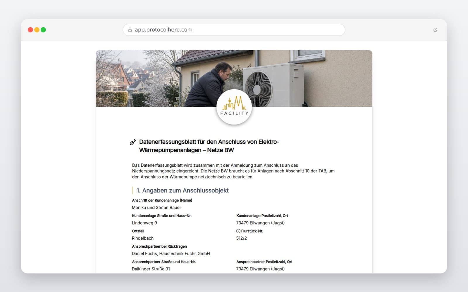 Vorschau der Vorlage „Datenerfassungsblatt für den Anschluss von Elektro-Wärmepumpenanlagen – Netze BW"