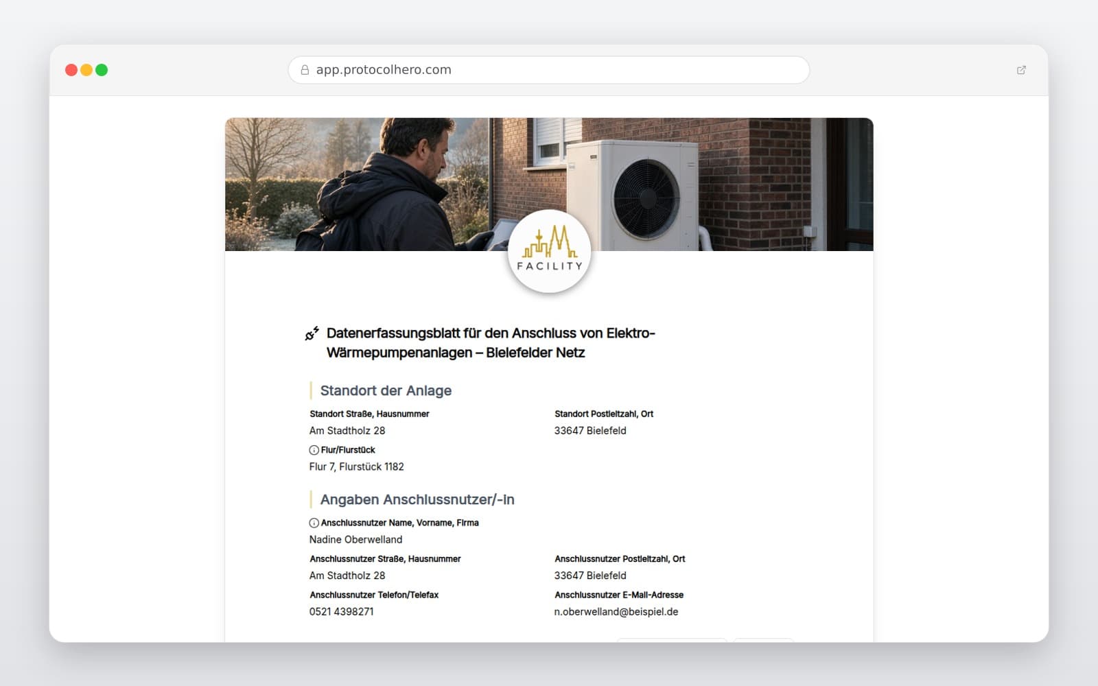 Vorschau der Vorlage „Datenerfassungsblatt für den Anschluss von Elektro-Wärmepumpenanlagen – Bielefelder Netz"