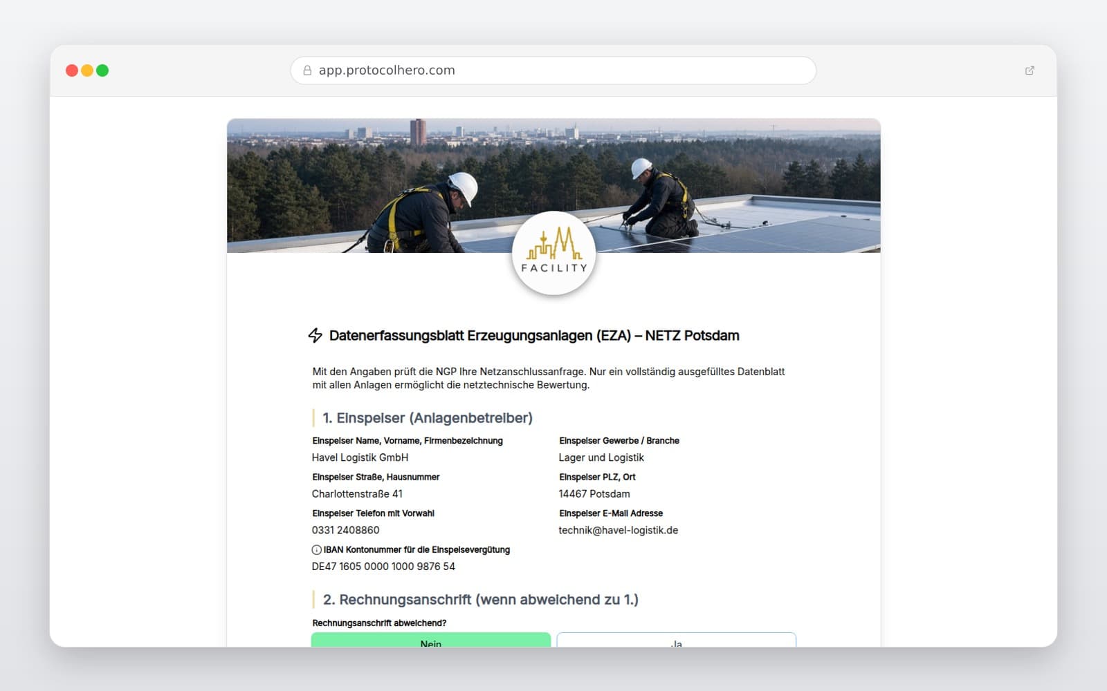 Vorschau der Vorlage „Datenerfassungsblatt Erzeugungsanlagen (EZA) – NETZ Potsdam"