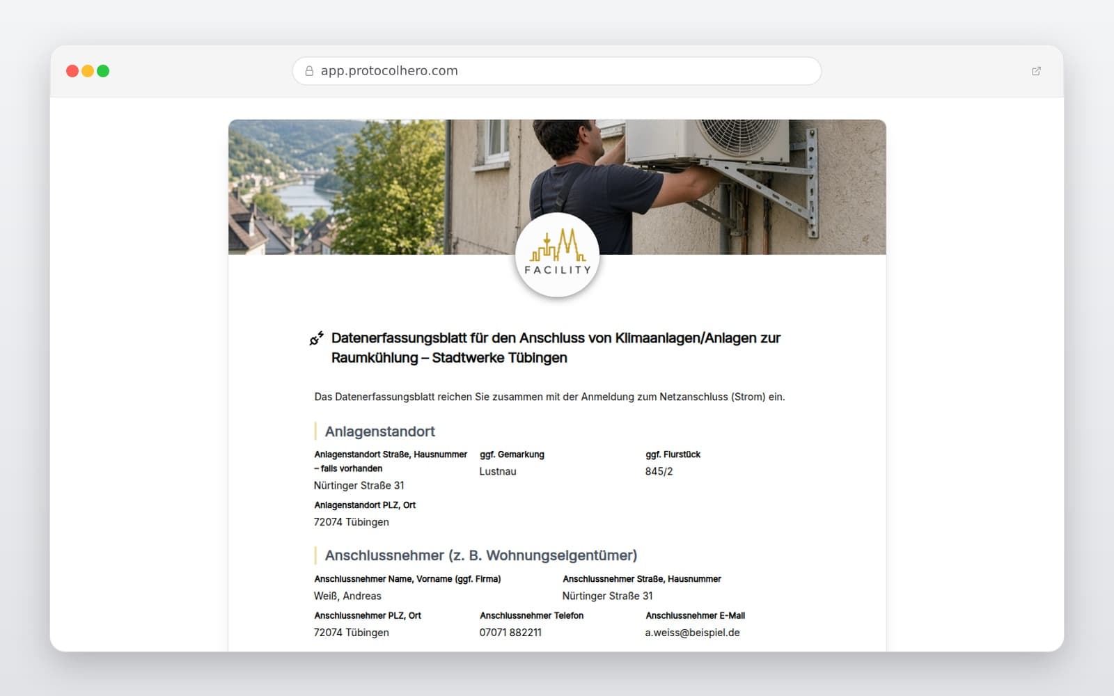 Vorschau der Vorlage „Datenerfassungsblatt für den Anschluss von Klimaanlagen/Anlagen zur Raumkühlung – Stadtwerke Tübingen"