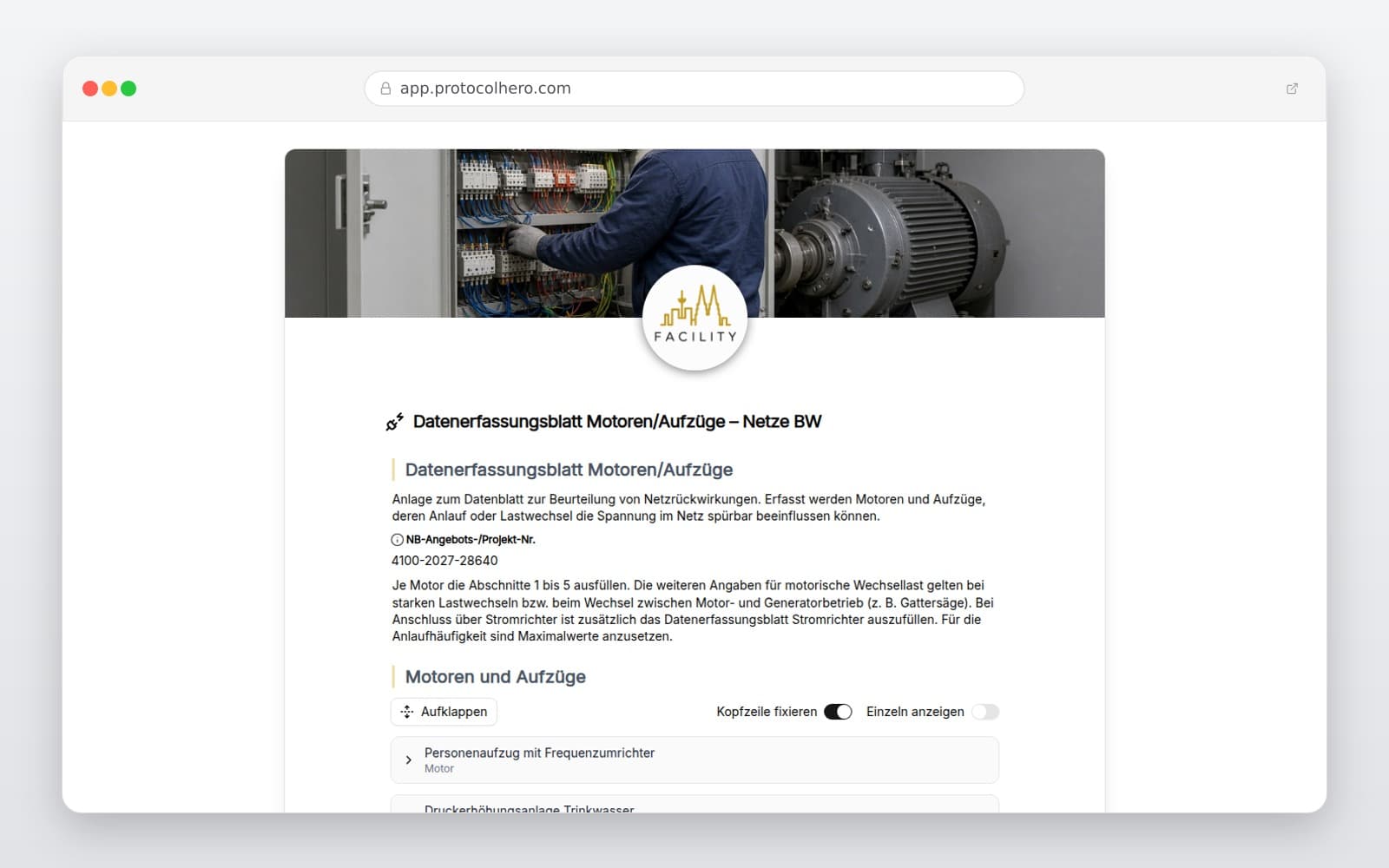 Vorschau der Vorlage „Datenerfassungsblatt Motoren/Aufzüge – Netze BW"