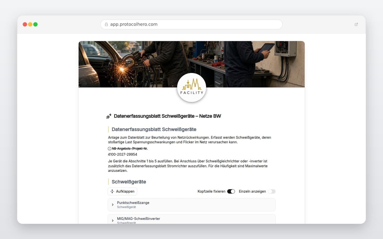 Vorschau der Vorlage „Datenerfassungsblatt Schweißgeräte – Netze BW"