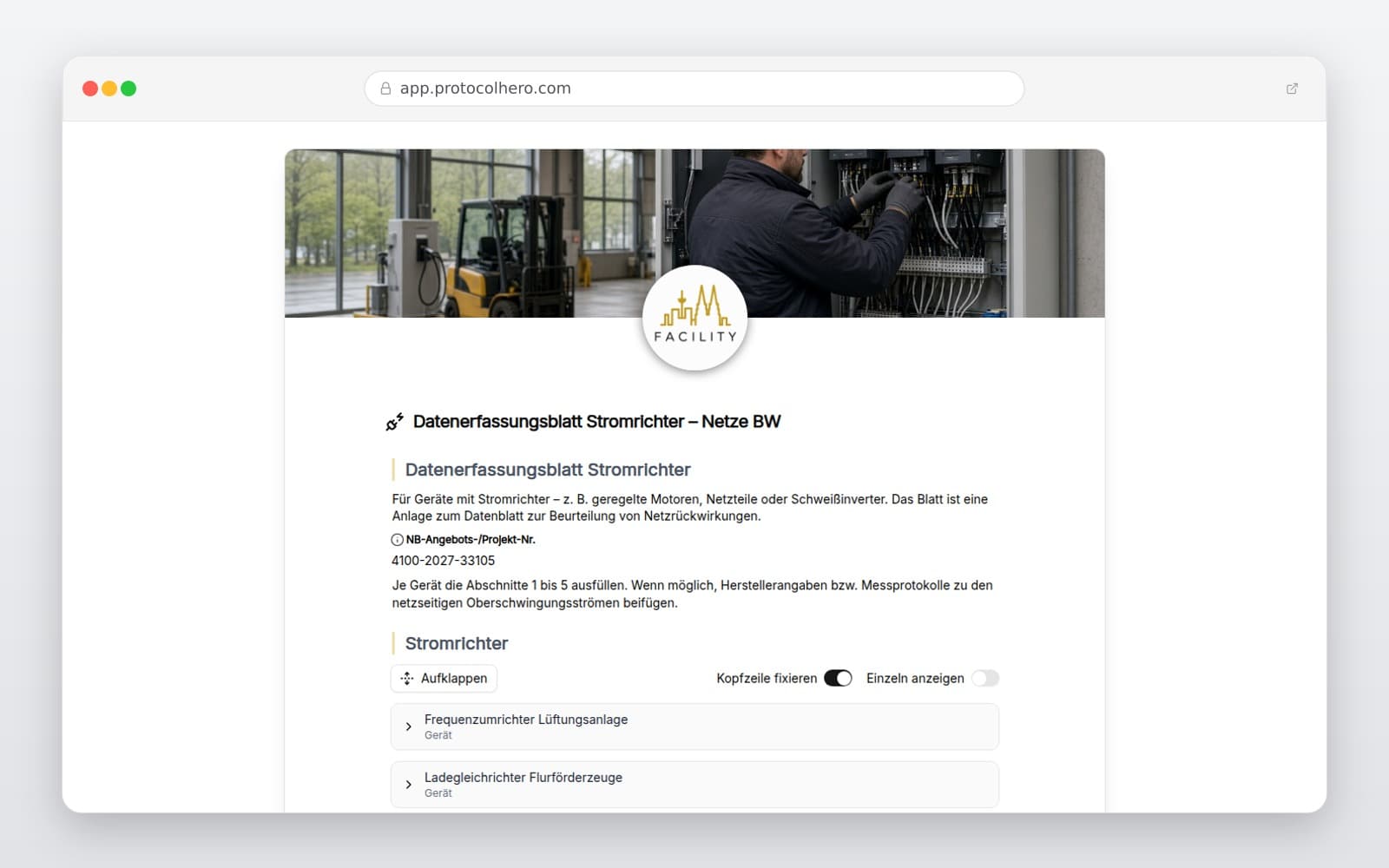 Vorschau der Vorlage „Datenerfassungsblatt Stromrichter – Netze BW"
