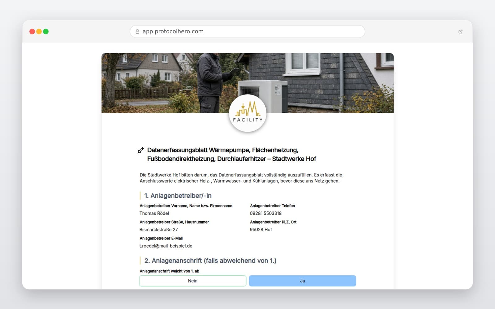 Vorschau der Vorlage „Datenerfassungsblatt Wärmepumpe, Flächenheizung, Fußbodendirektheizung, Durchlauferhitzer – Stadtwerke Hof"