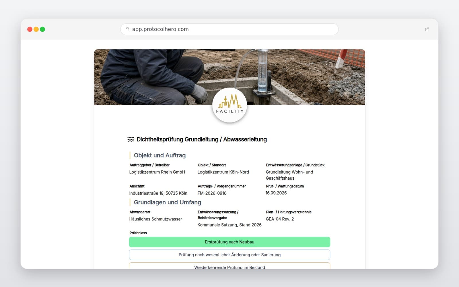 Vorschau der Vorlage „Dichtheitsprüfung Grundleitung / Abwasserleitung"
