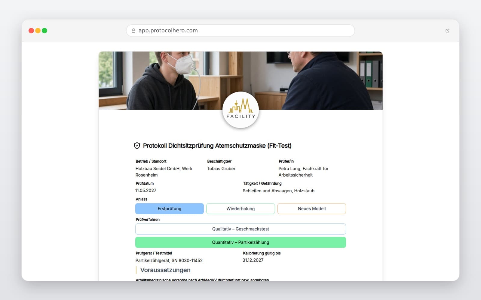 Vorschau der Vorlage „Protokoll Dichtsitzprüfung Atemschutzmaske (Fit-Test)"