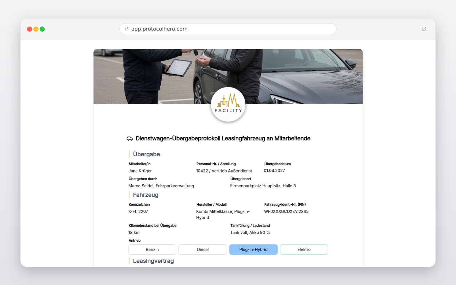 Vorschau der Vorlage „Dienstwagen-Übergabeprotokoll Leasingfahrzeug an Mitarbeitende"
