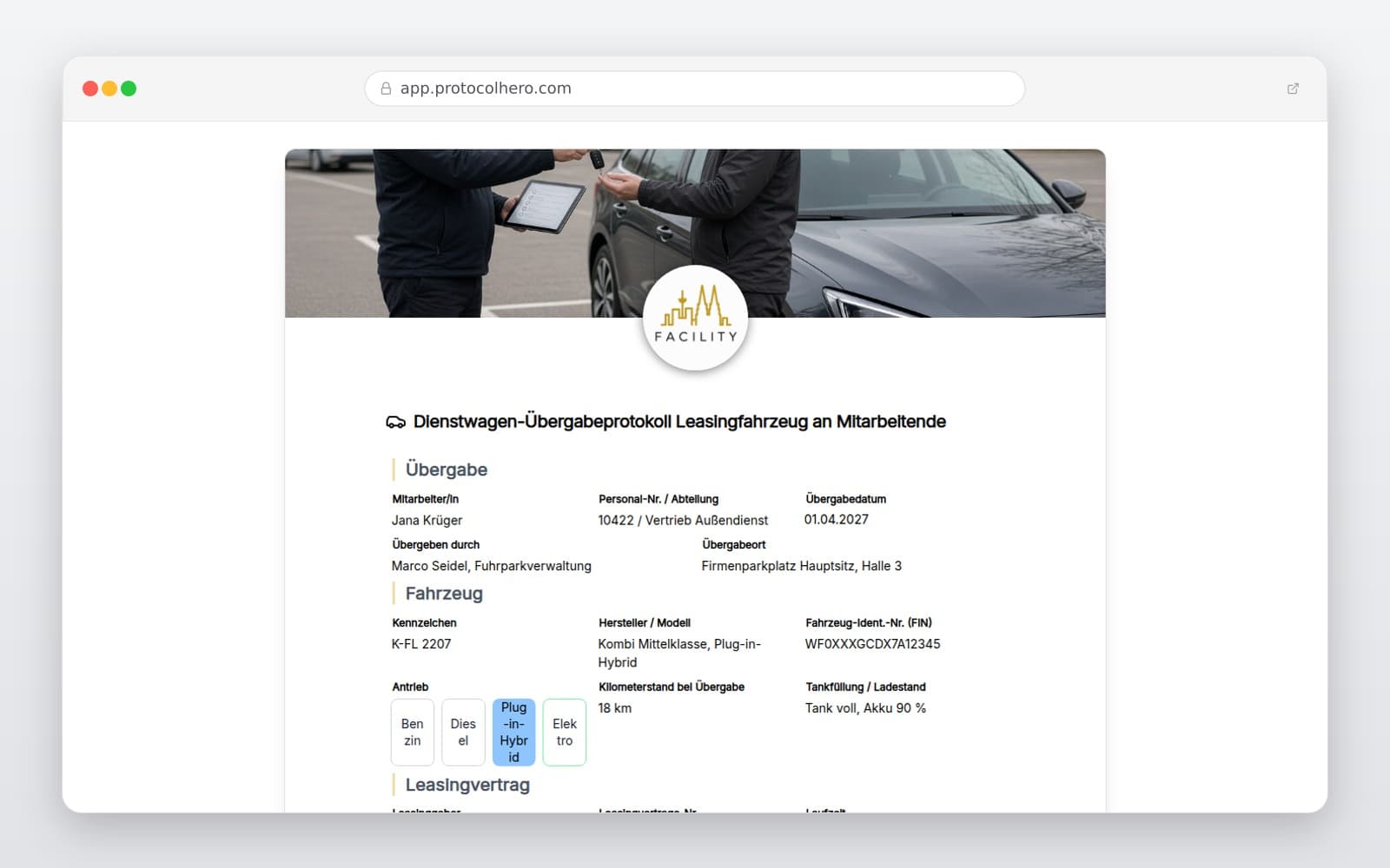 Vorschau der Vorlage „Dienstwagen-Übergabeprotokoll Leasingfahrzeug an Mitarbeitende"