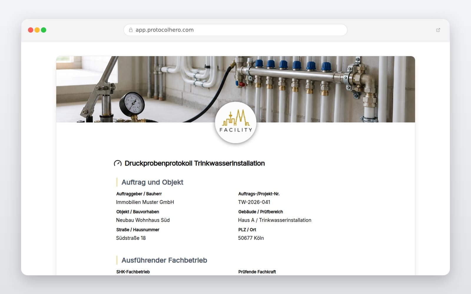 Vorschau der Vorlage „Druckprobenprotokoll Trinkwasserinstallation Vorlage – Digital & Normkonform"
